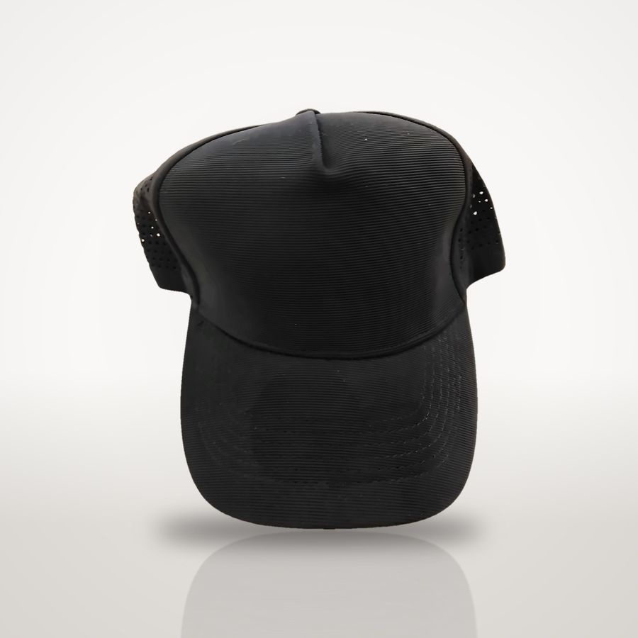 Black 5-panel vented cap, front view
