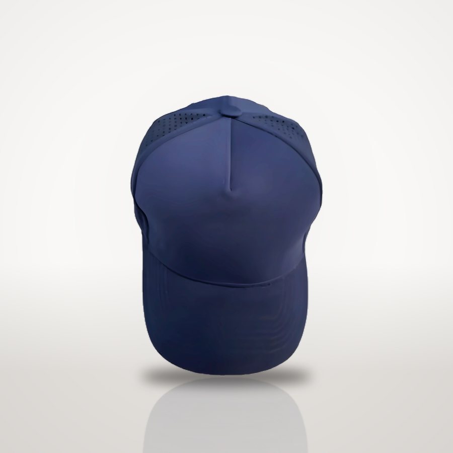 Navy 5-panel vented cap, front view