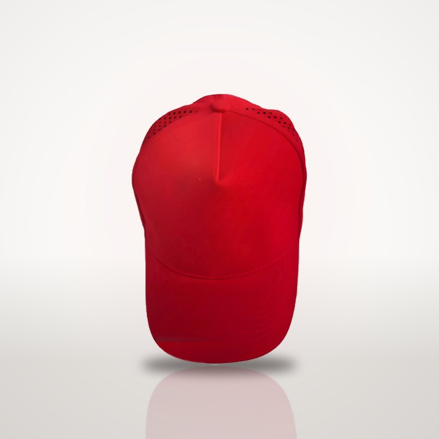 Red 5-panel vented cap, front view
