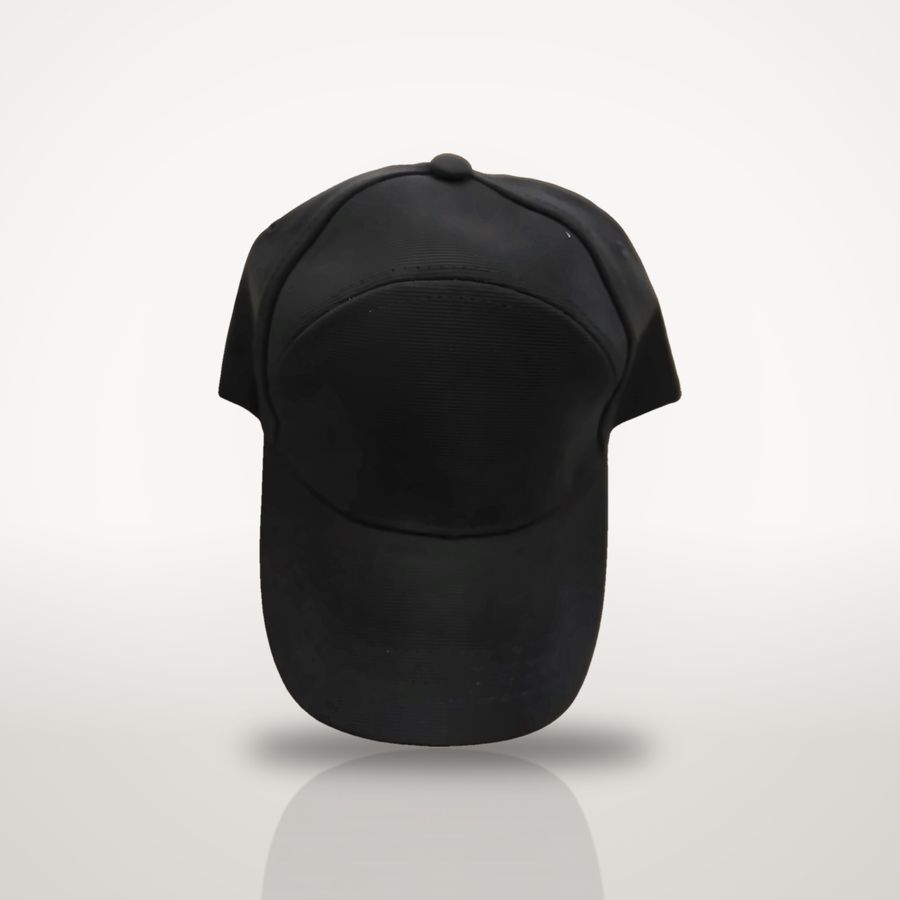 Black 7-panel cap, front view