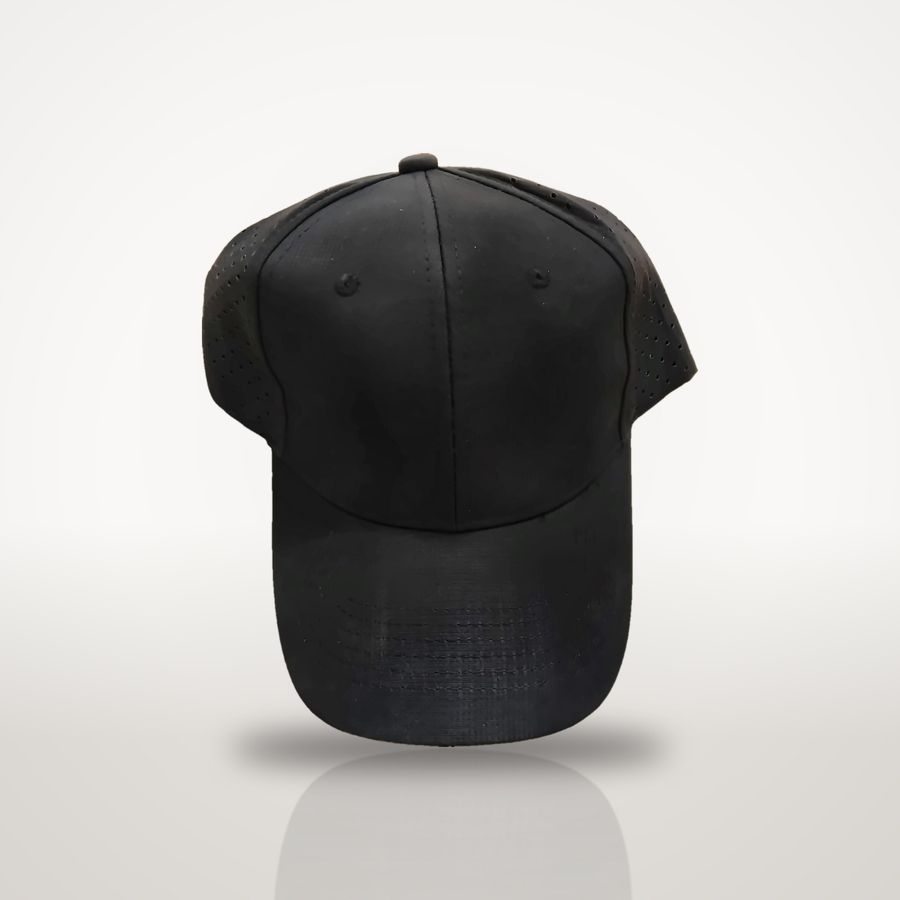 Black perforated cap, front view