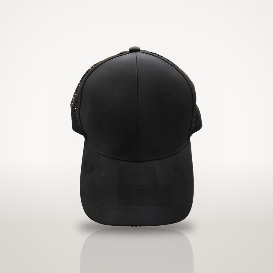 Black 6-panel vented cap, front view