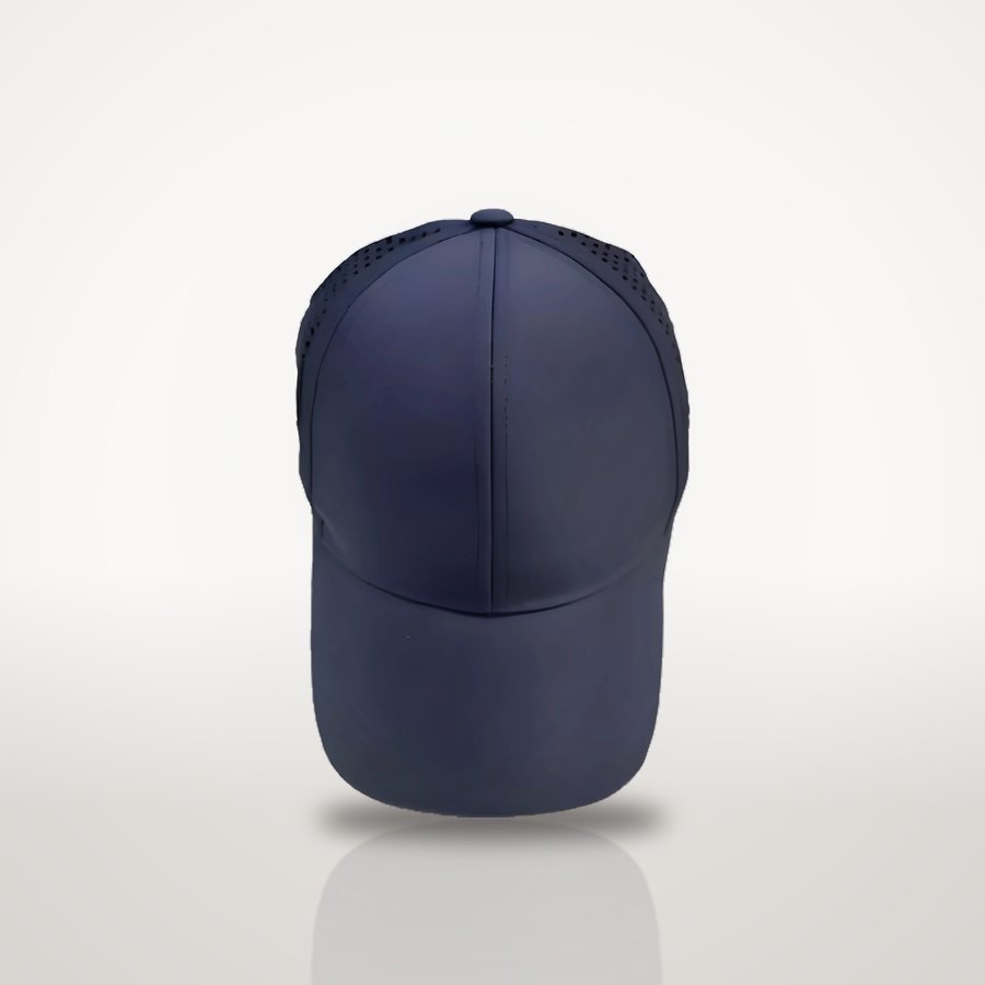 Navy 6-panel vented cap, front view