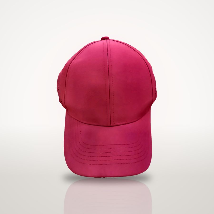 Red 6-panel vented cap, front view