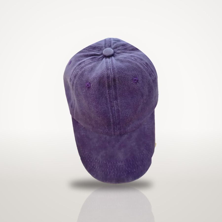 Purple washed cap, front view
